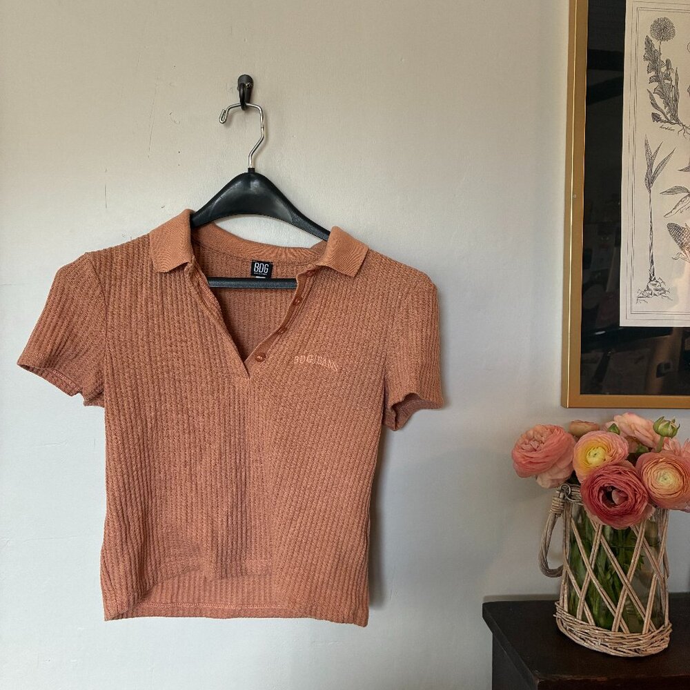 BDG Terracotta Waffle Collared Crop Shirt Size M